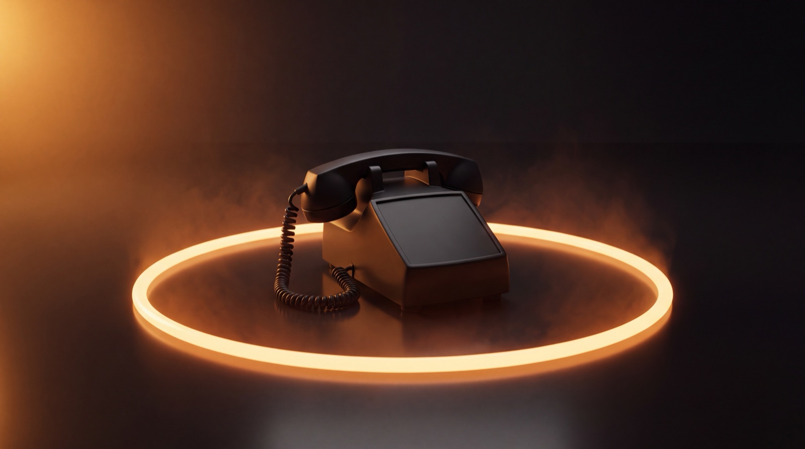 24/7 AI receptionist: a glowing phone on a desk at 2 AM with an AI agent answering the call