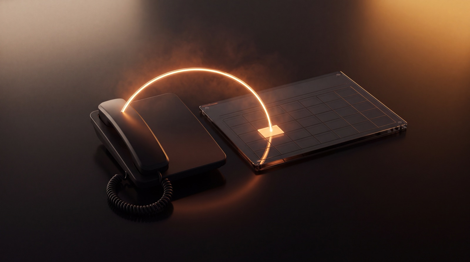AI receptionist greeting a caller on a desk phone with calendar booking on screen