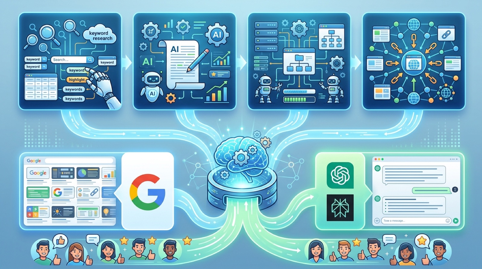 Hero: AI SEO dashboard showing keyword clusters, content scores, and rank tracking